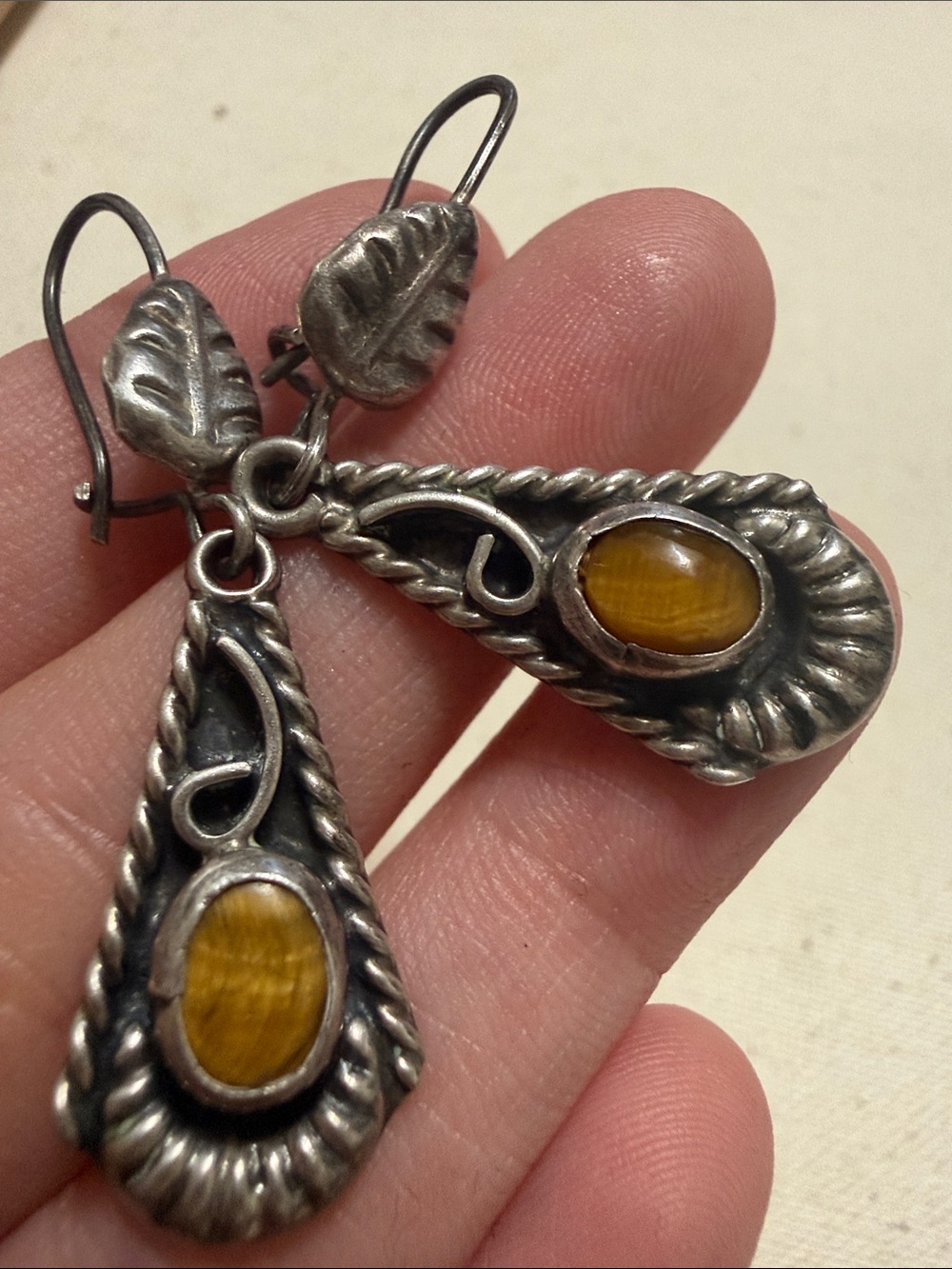 Vintage Native American Sterling Silver 925 Mex Teardrop Earrings W/Yellow Stone
